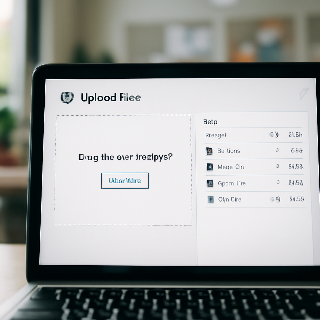 WordPress backend file upload interface on a laptop screen with a blurred file system display.