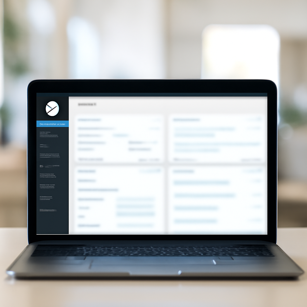 Laptop screen displays WordPress admin dashboard on a clean office desk.