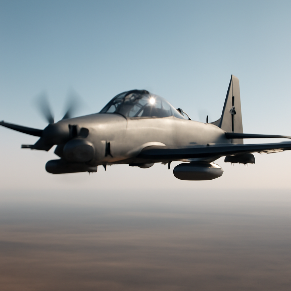 Embraer A-29 Super Tucano aircraft flying over open landscape with clear blue sky.