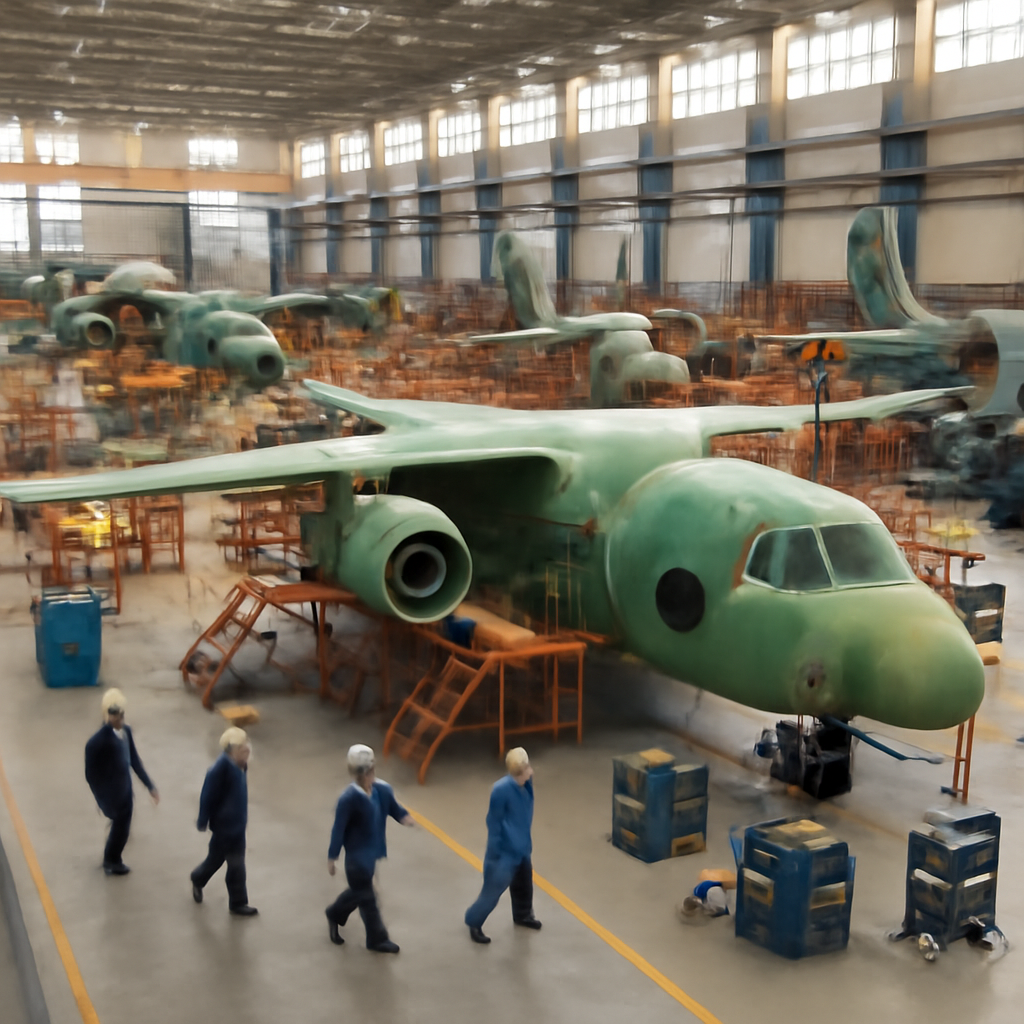 Workers in safety gear assemble KC-390 aircraft in a brightly-lit production facility.
