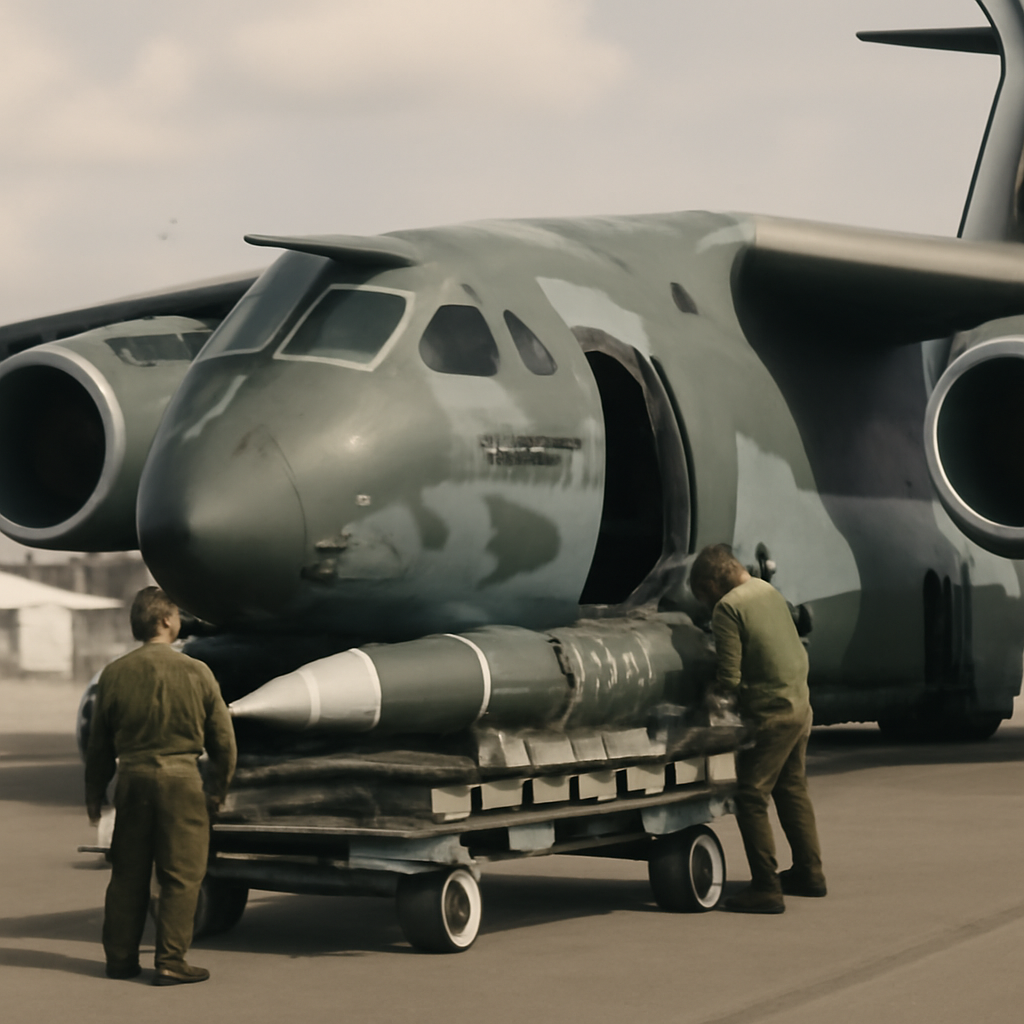 C-390 airlifter with open rear ramp loading palletized missile system.