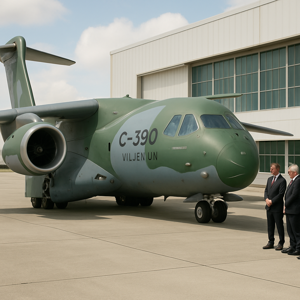 Embraer C-390 aircraft on a sunny runway with officials nearby.
