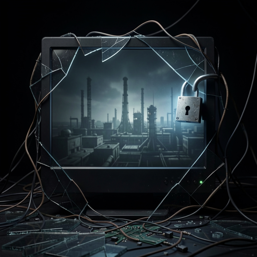 Darkened computer screen with ajar lock, surrounded by shattered glass and exposed circuitry, emitting ominous glow.