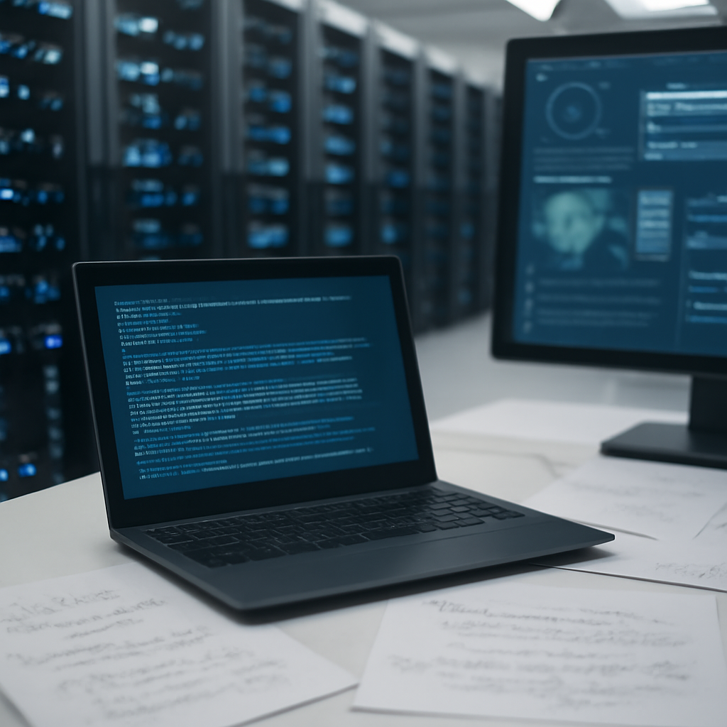 Server room with a laptop displaying code in the foreground.