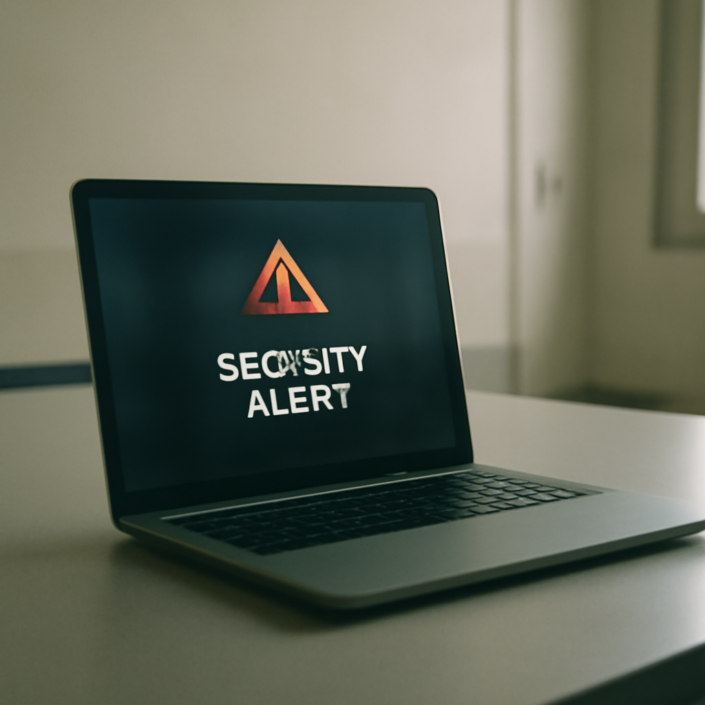 Laptop screen displays security alert on plain surface in soft daylight.