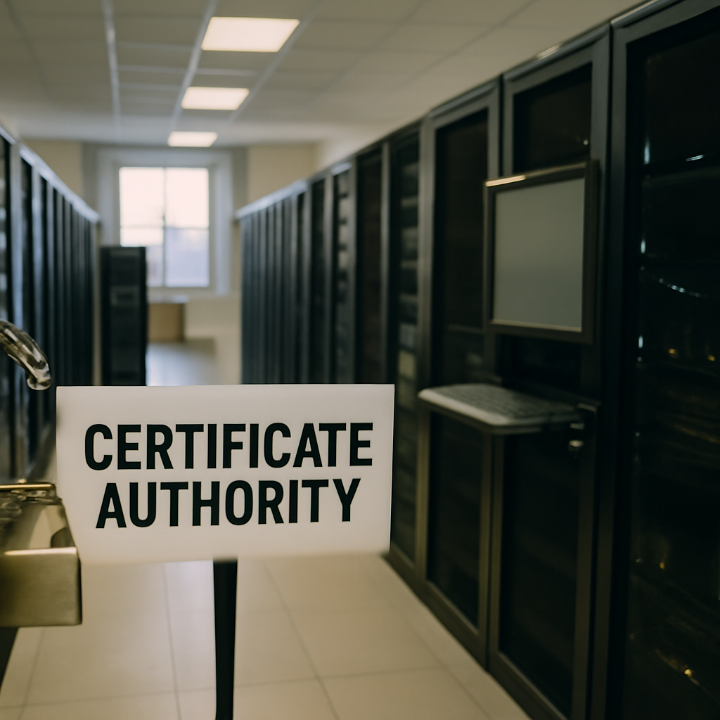 Rows of secured computer equipment in a large server room.