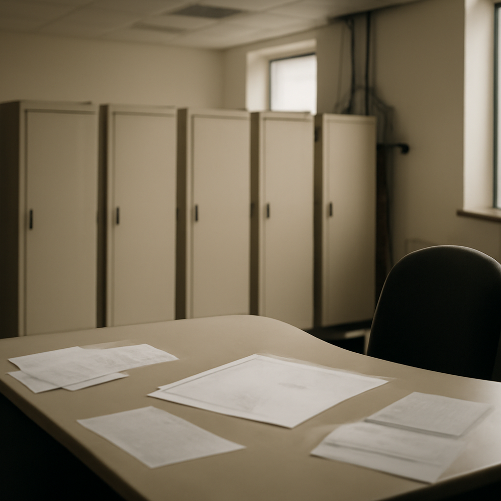 Institutional office setting with server racks and cables in background.