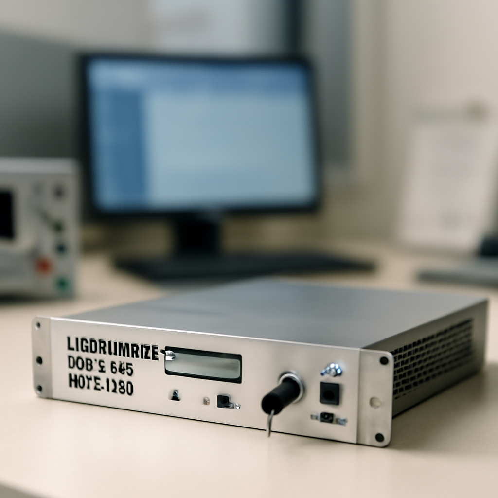 Hardware security module on a clean workbench in a secure facility with technical instruments nearby.