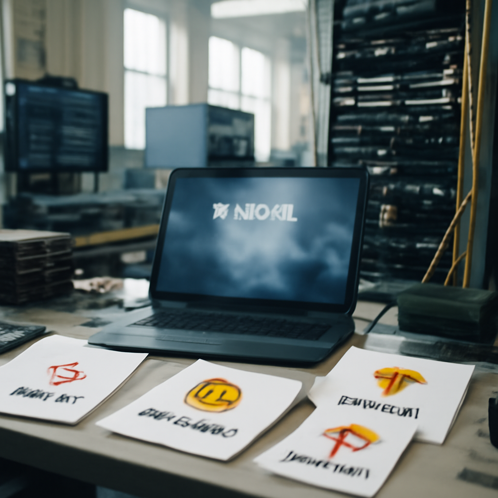 Cluttered tech lab with AI equipment, laptop screen shows AI model file access.