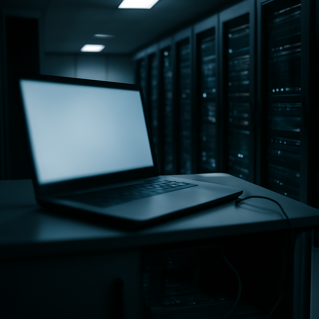 Dimly lit server room with rows of equipment and a blurry laptop screen in the foreground.