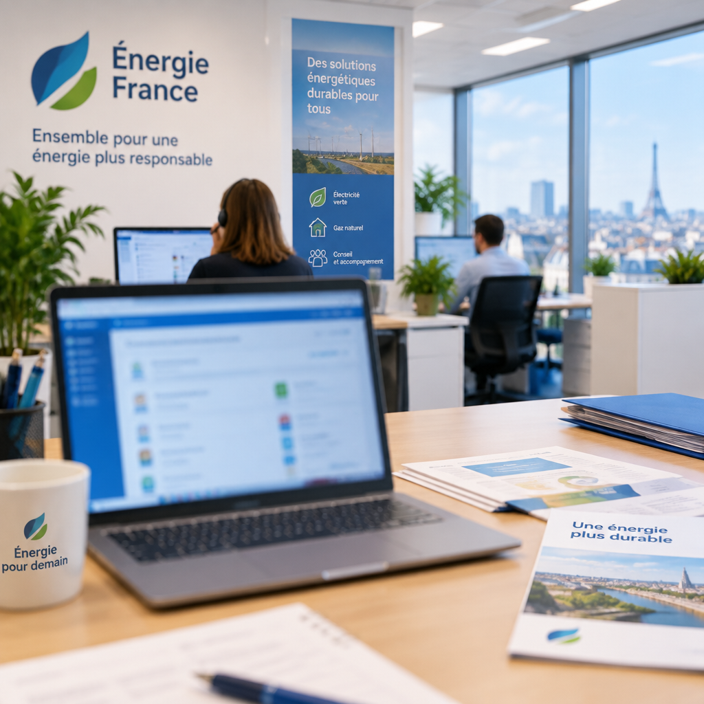 French energy company office with computer terminal and scattered papers.