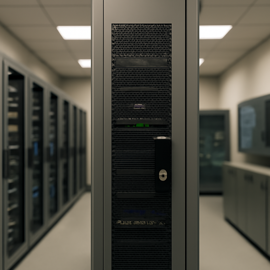 Rows of computer servers and networking equipment with a single locked cabinet in focus.