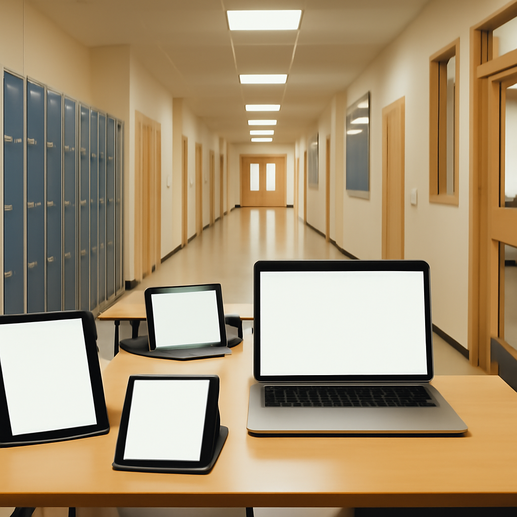 Empty school corridor with laptops and tablets on tables, showing integration of technology in learning environment.