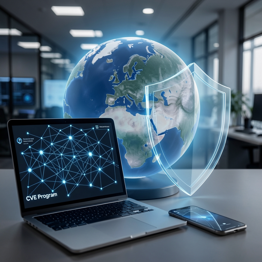Globe centered on Europe with a blue glow, surrounded by a laptop and smartphone displaying a complex network.