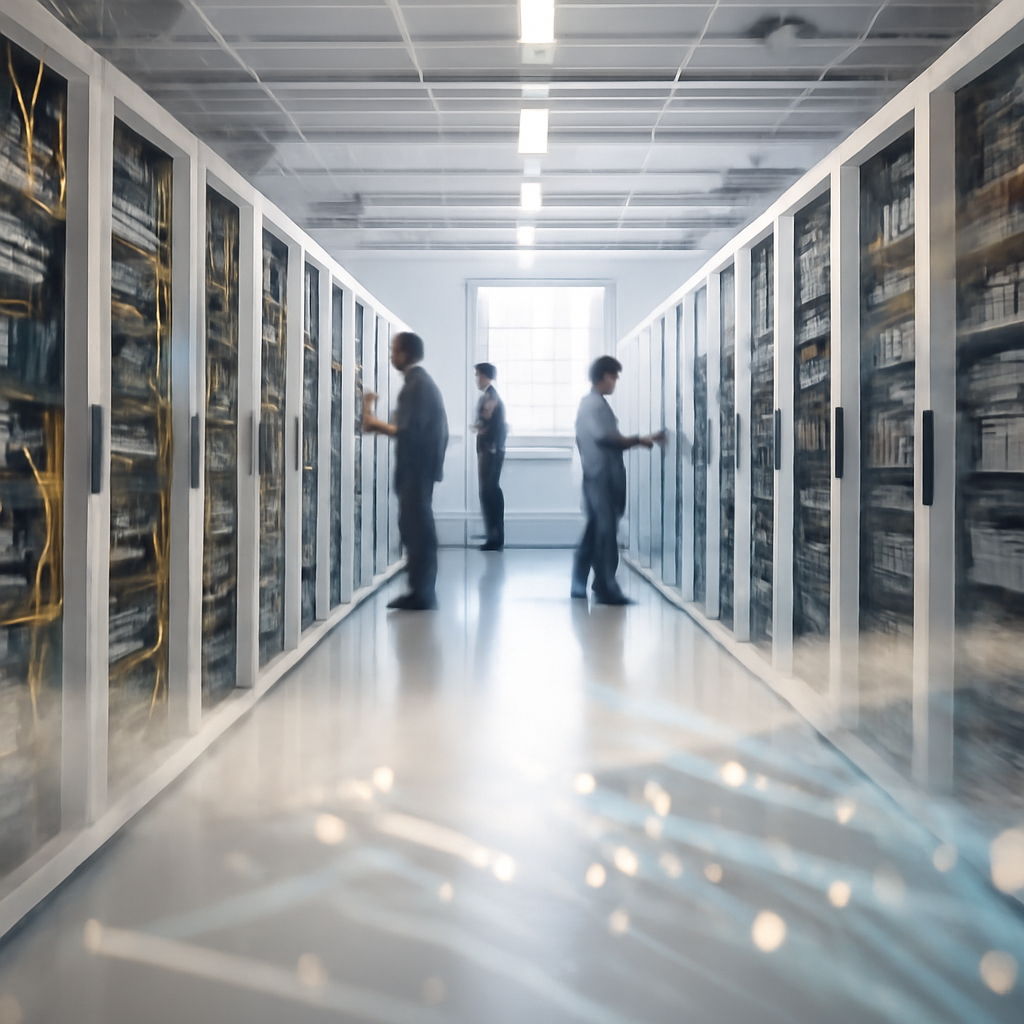 Technicians work in a brightly-lit data center with rows of servers and storage systems surrounded by cables and equipment.
