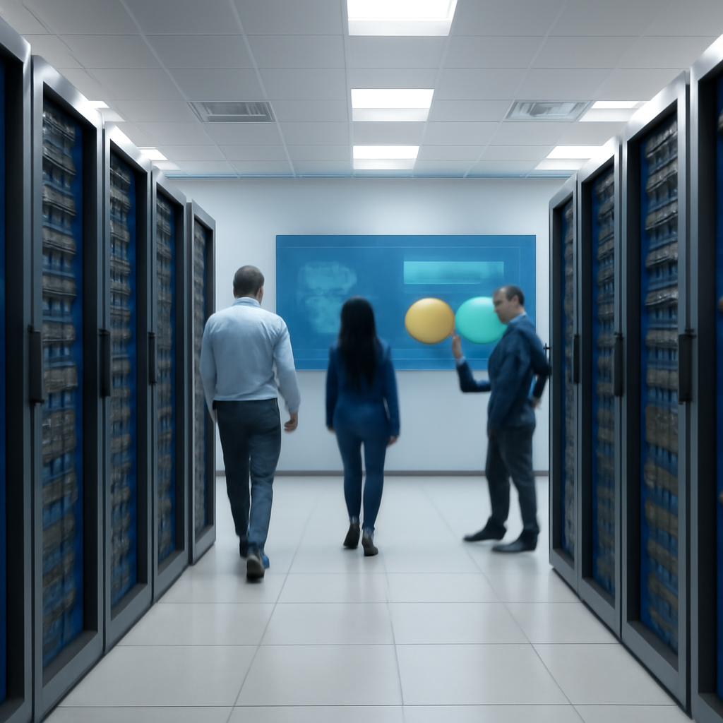 Modern network operations center with technicians and monitoring equipment.