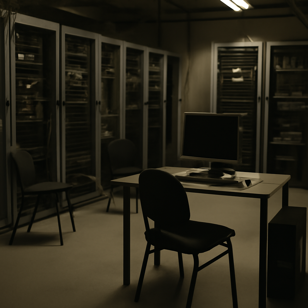 Dimly lit server room with rows of equipment, empty chairs, and unoccupied workstation.