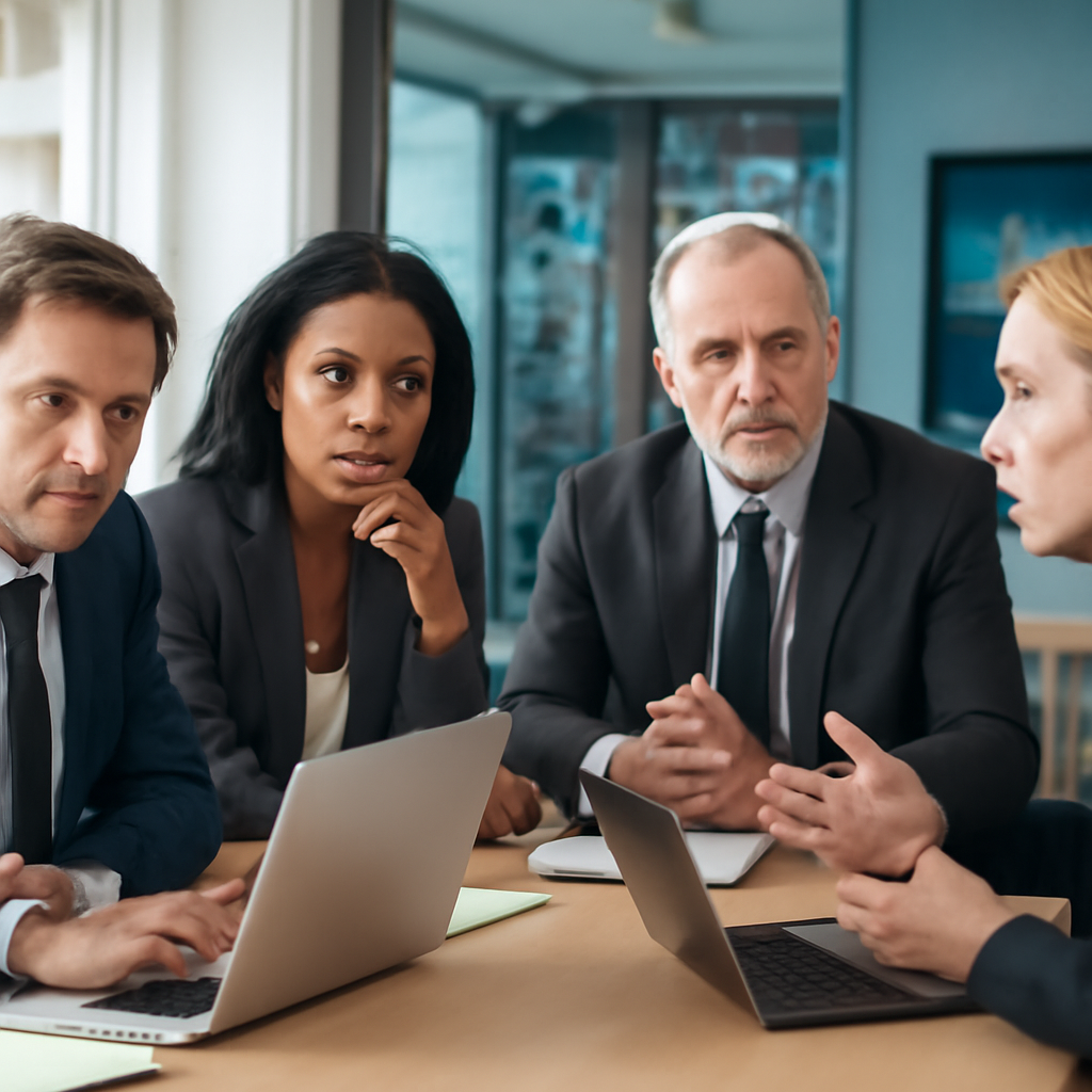 Executives in a meeting room discuss technology with laptops and notes nearby.