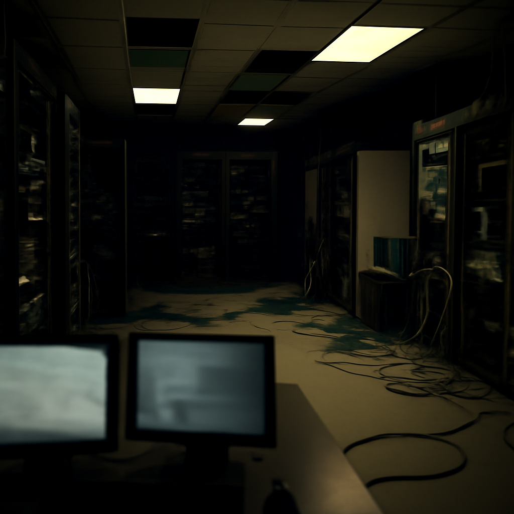 Dimly lit server room with rows of humming equipment, some areas shrouded in shadows.