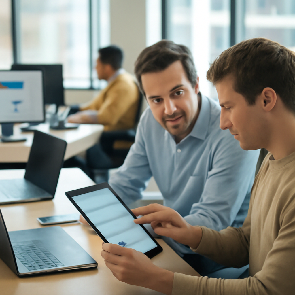 Employees work at desks with laptops and devices, one interacting with a tablet.
