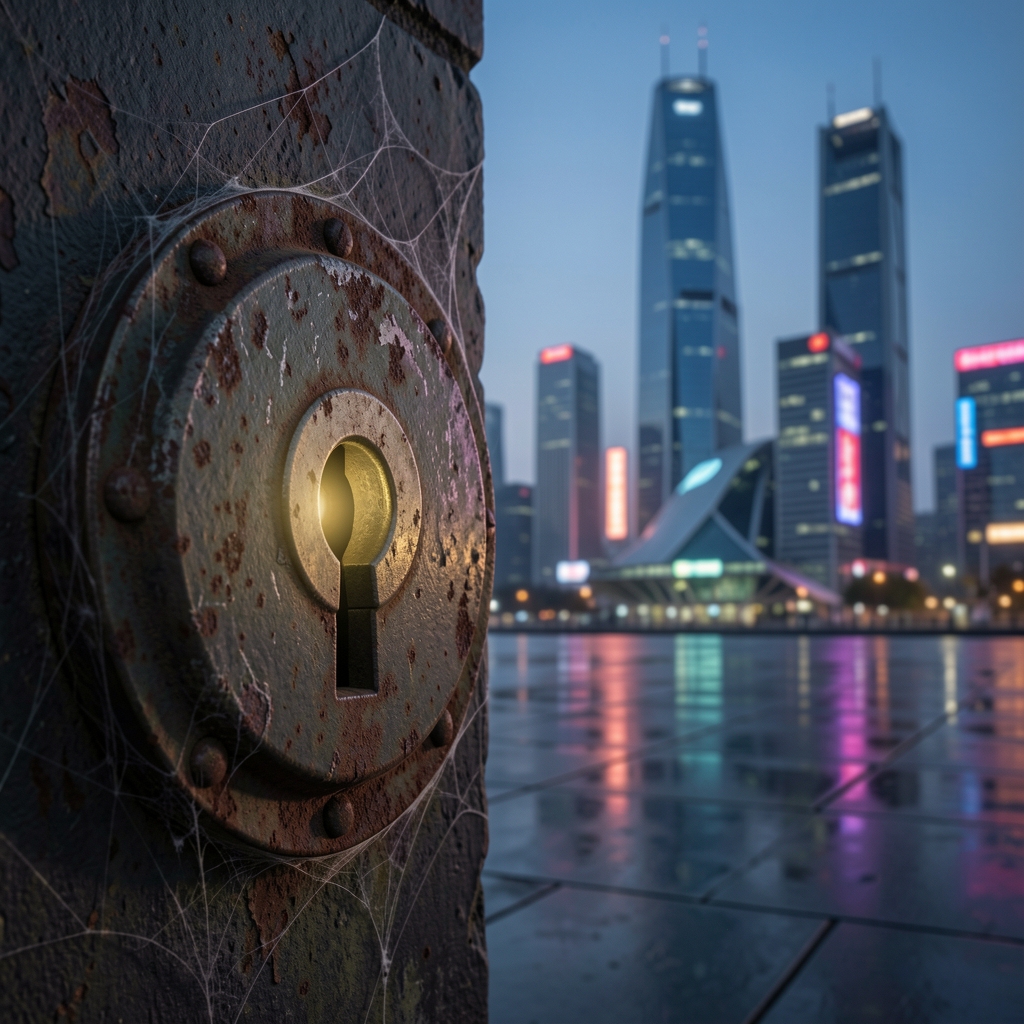 Rusty old lock in foreground with blurred futuristic cityscape at dusk in background.