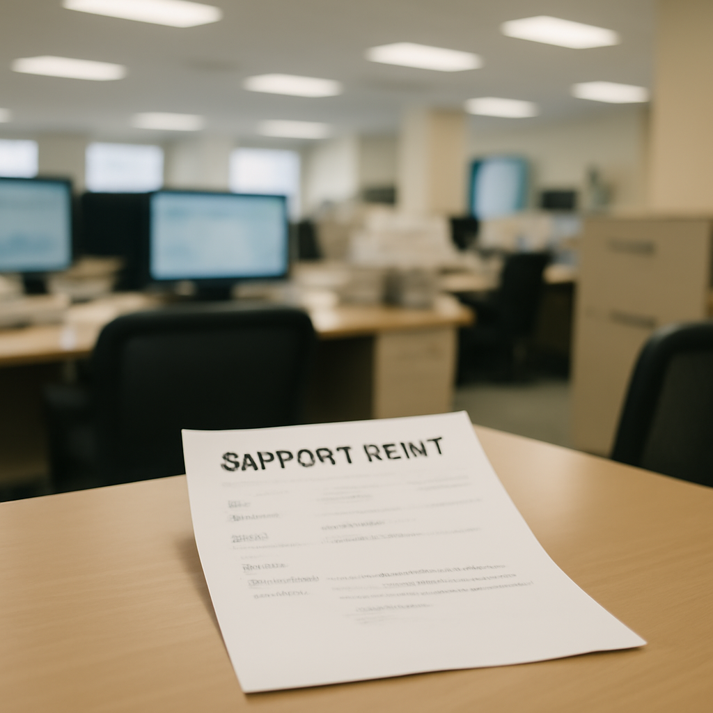 Blurred office background with a single support document on a desk.
