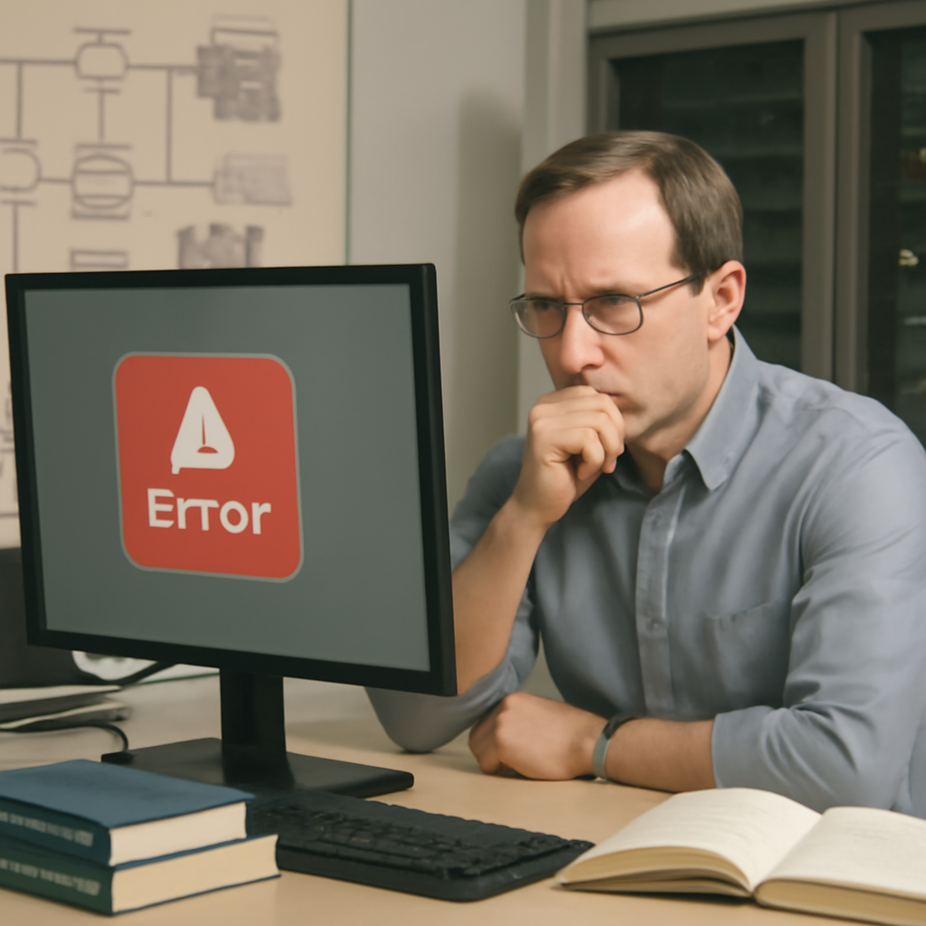 Systems administrator looks concerned at computer screen amidst technical equipment.
