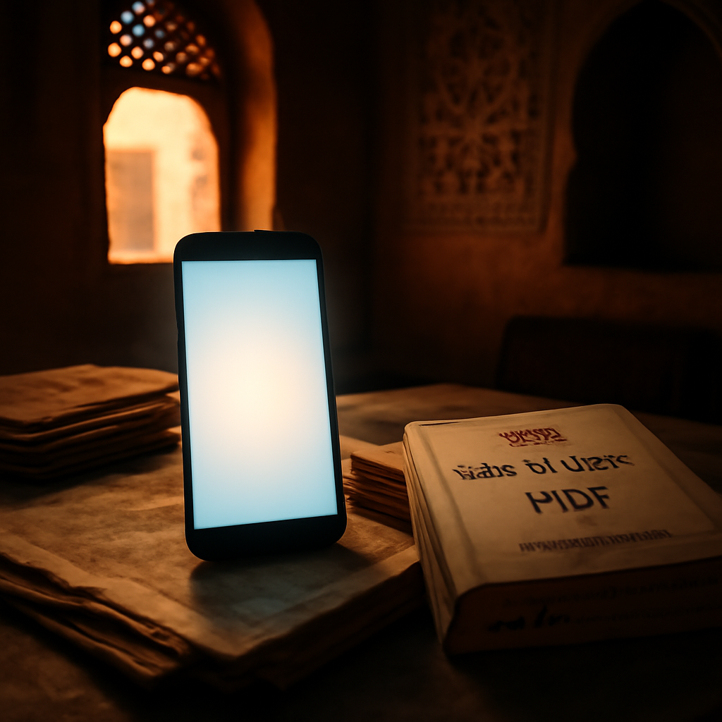 Smartphone on cluttered desk in Middle Eastern-style room with Arabic patterns, beside newspapers and manual.