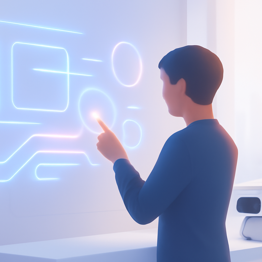 Person interacts with futuristic digital interface in minimalist room.