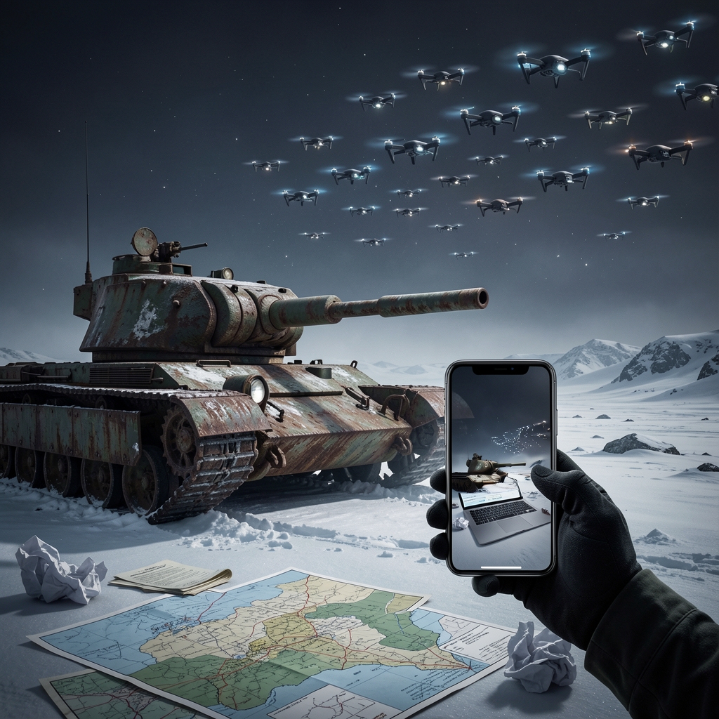 Rusted tank turret in snowy landscape with swarm of drones flying in formation behind, hand holding smartphone in foreground.