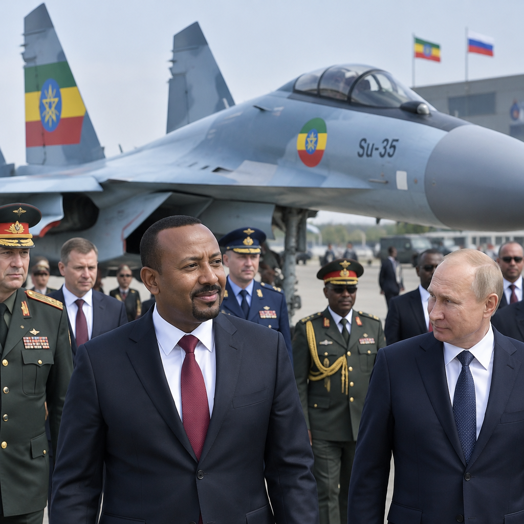 Ethiopian Prime Minister Abiy Ahmed stands beside a Su-35 fighter jet with Russian officials and military personnel in the…