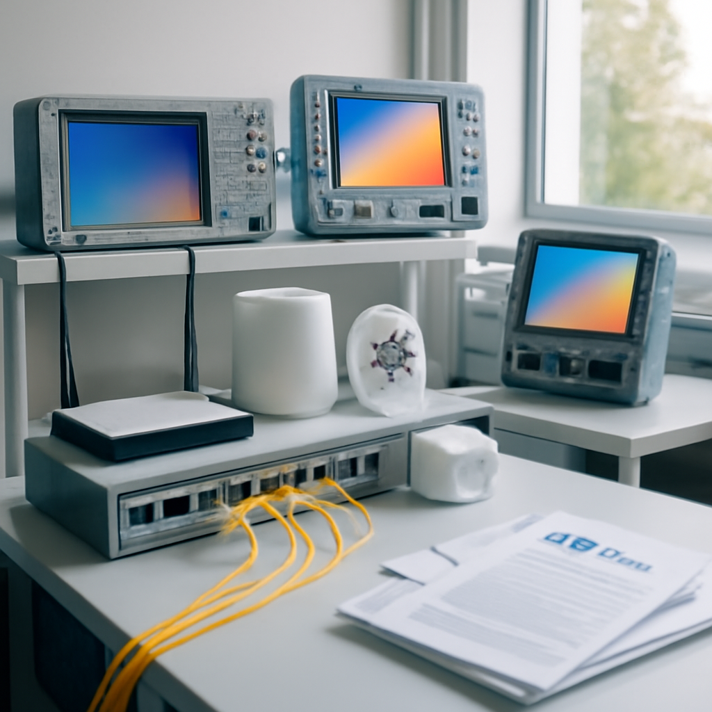 Technical lab with network and IoT devices on a workbench surrounded by testing equipment and screens.