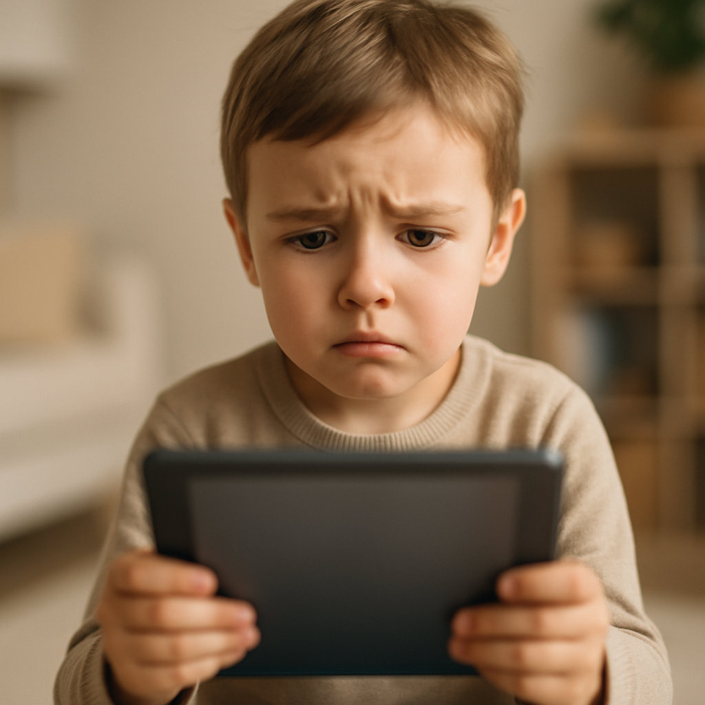 Child sitting in a neutral room, looking at a tablet with a concerned expression.
