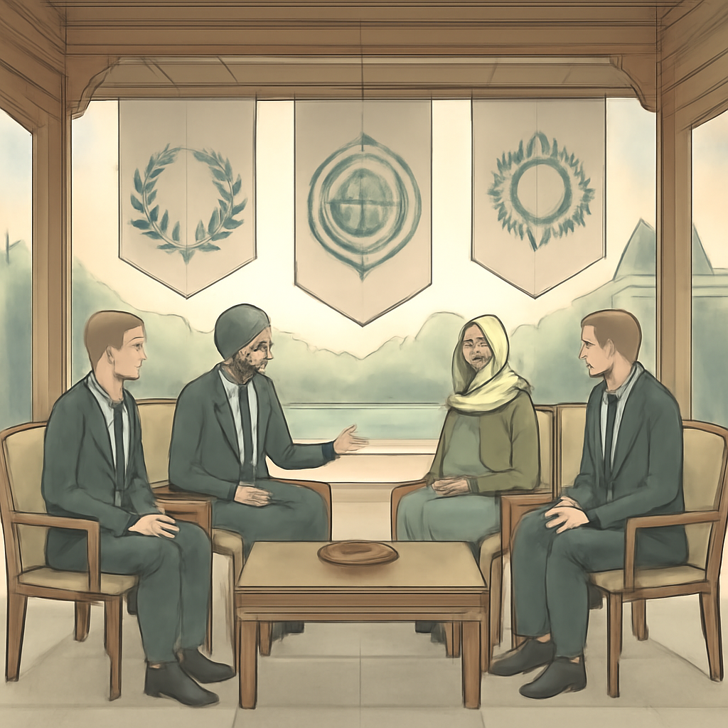 Representatives from different regions meet in a serene setting with blended Eastern and Western architectural elements.