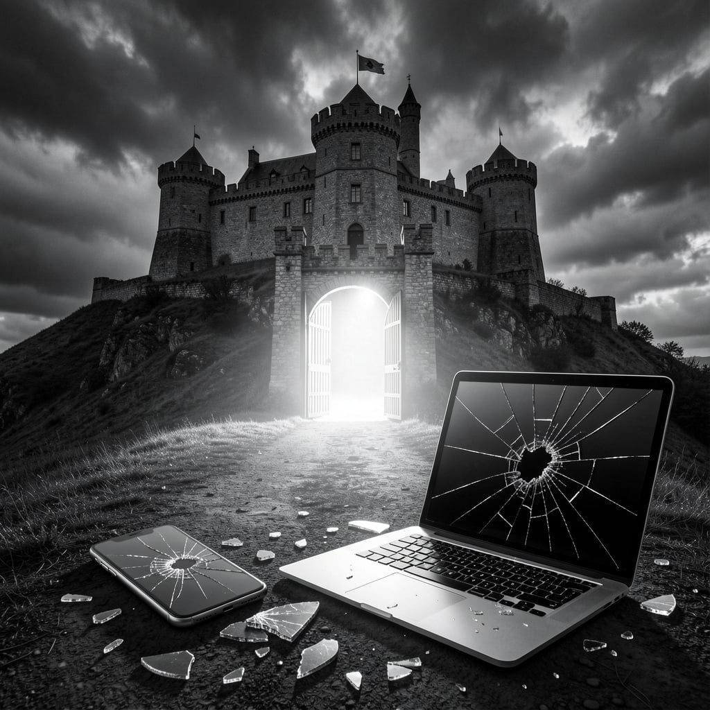 Fortress stands atop a hill amidst stormy sky, with shattered smartphone and laptop in foreground.