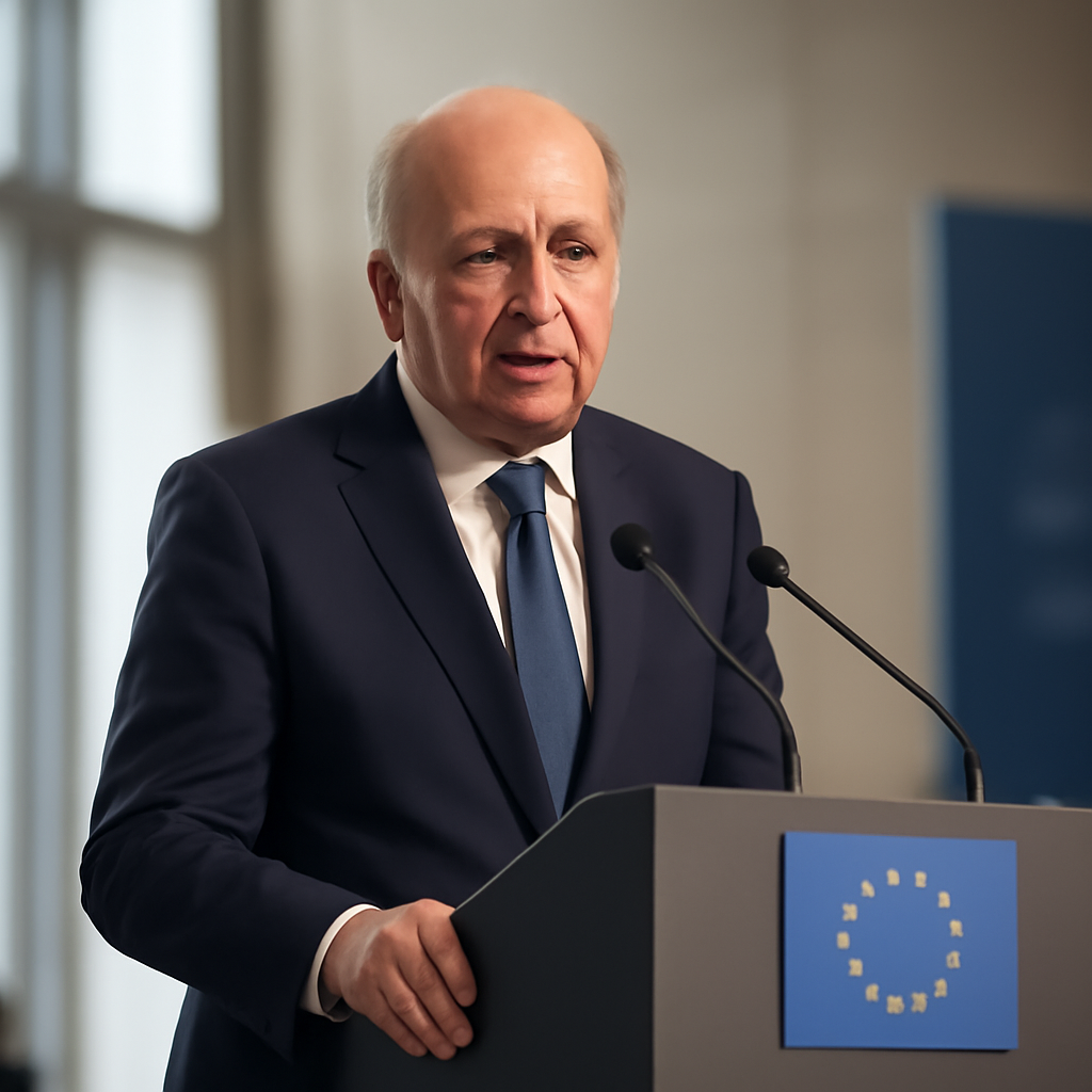 Andrius Kubillius speaks at a podium with an EU emblem at the Warsaw Security Forum.
