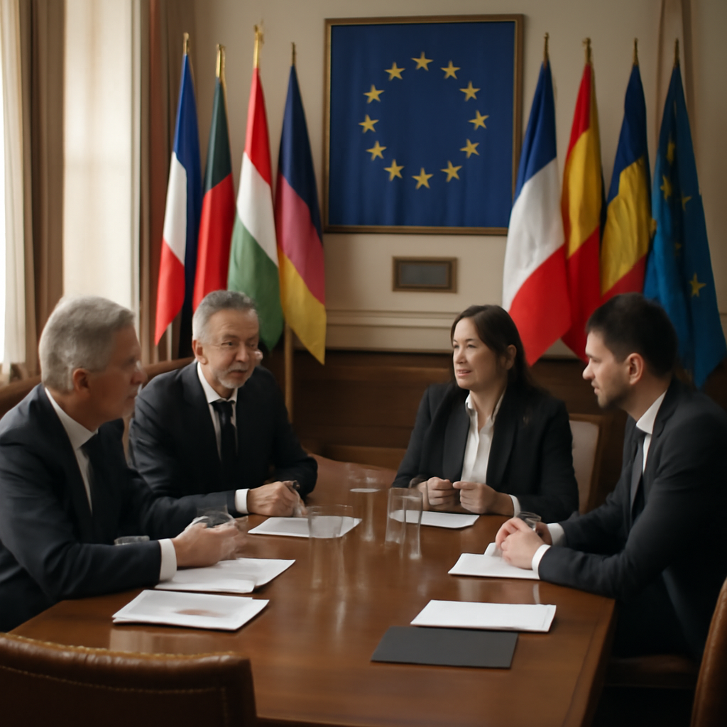EU officials in business attire seated around a large wooden table, surrounded by member state flags, engaged in discussion…