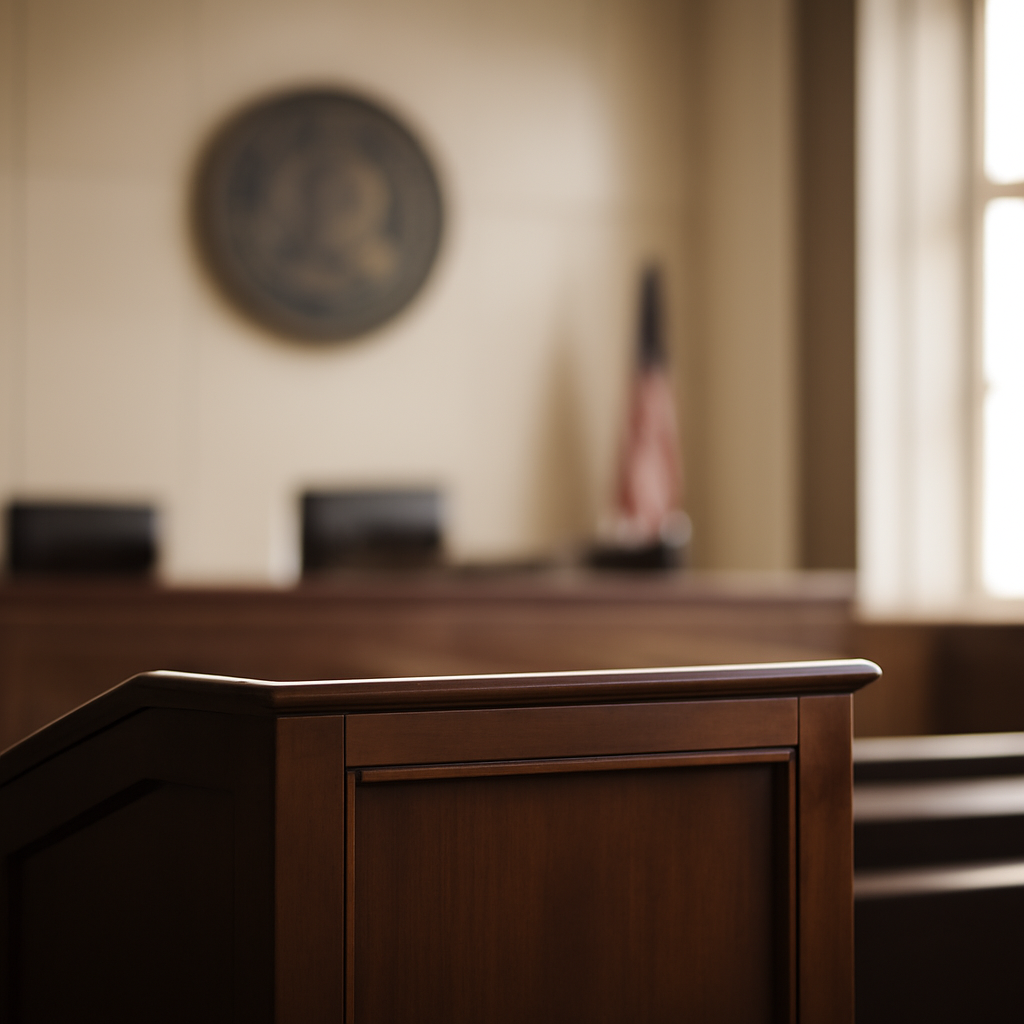 Formal courthouse interior with tall windows and neutral background.