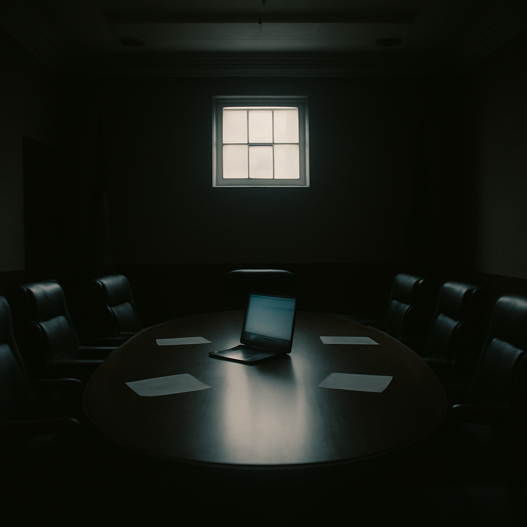 A dimly lit government briefing room with a laptop and papers on a large wooden table.