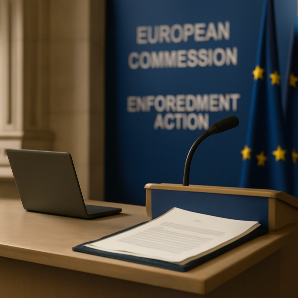 European Commission officials gather at a podium with documents in a government building.