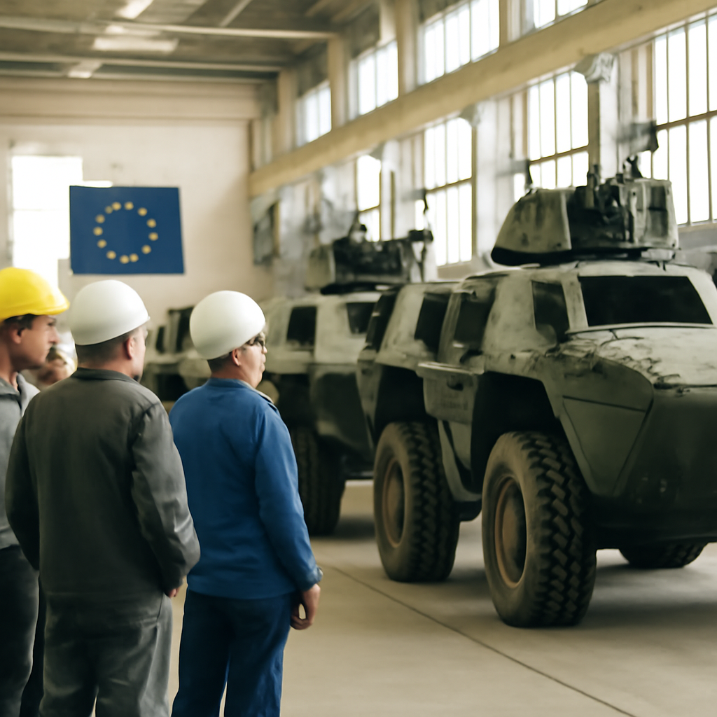 Workers stand near partially assembled armored vehicles in a well-lit production facility with EU emblem visible in…