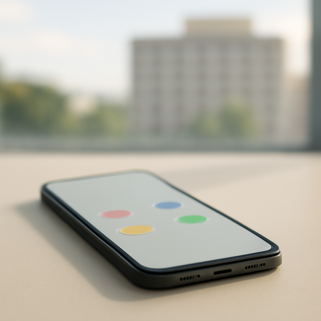 Smartphone on a neutral surface with blurred background and abstract screen pattern.