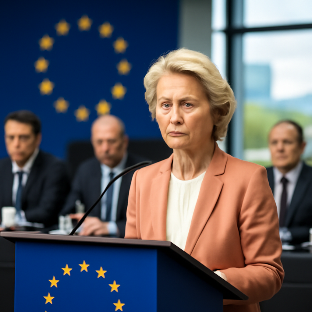 European Commission President speaks at podium with EU leaders seated nearby.