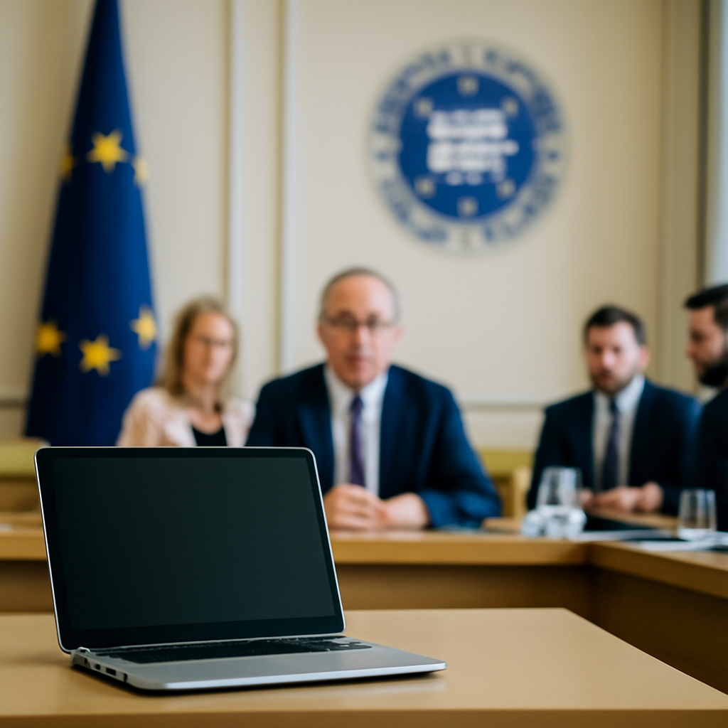 European Union officials gather in a formal council meeting room with symbolic representations of official seals in the…