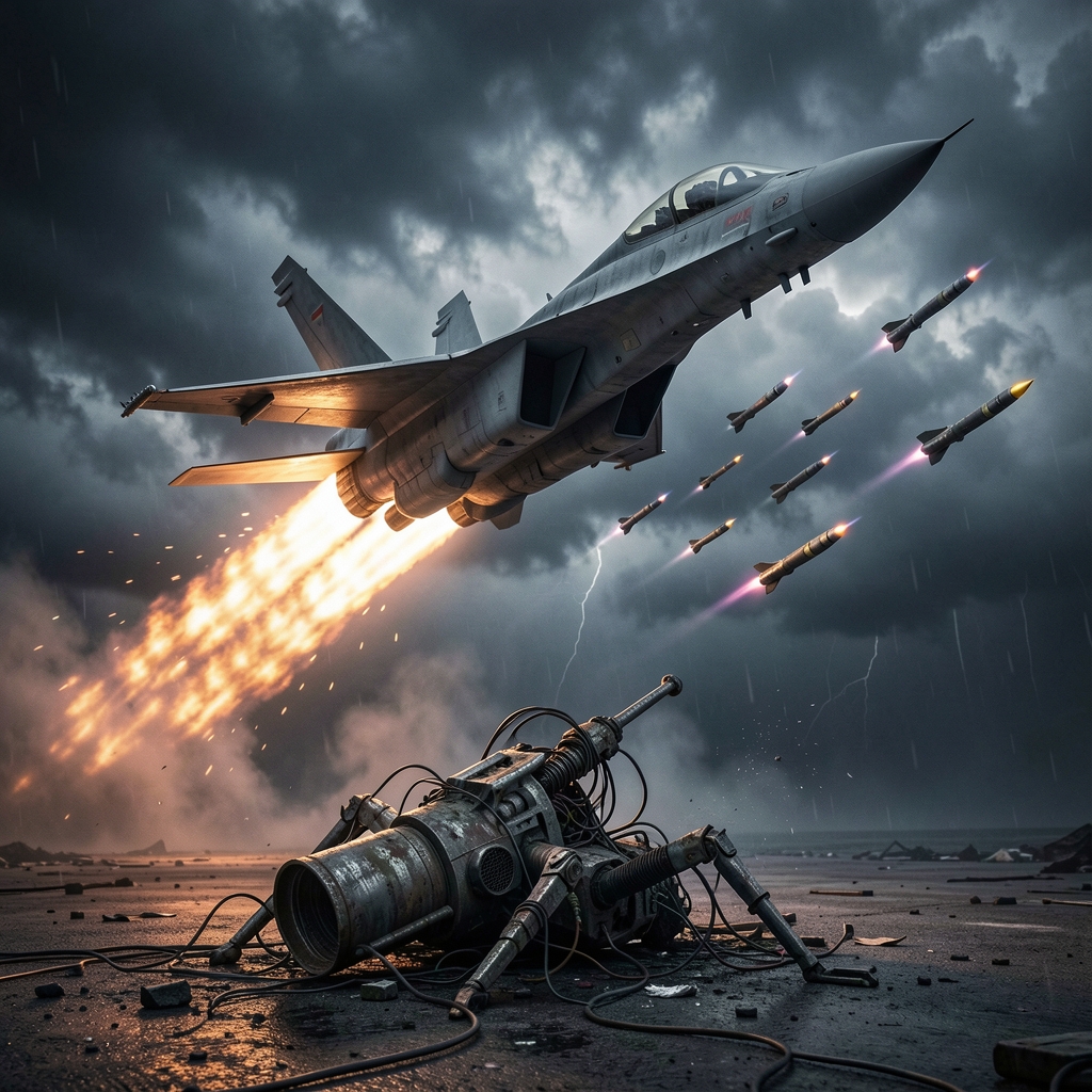 Eurofighter Typhoon fighter jet releases laser-guided missiles, destroying a drone on the ground amidst a stormy sky.