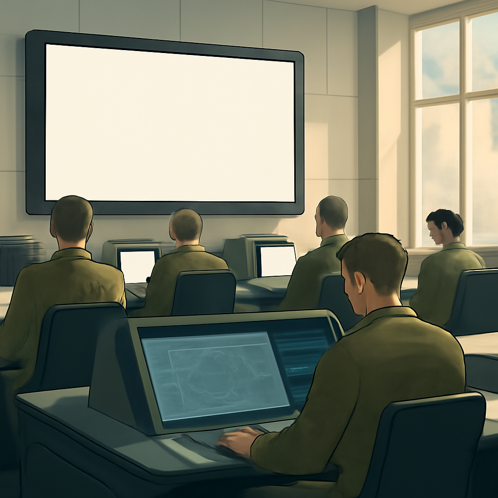 Military personnel operate consoles in a bright, modern operations center with a large touchscreen display.