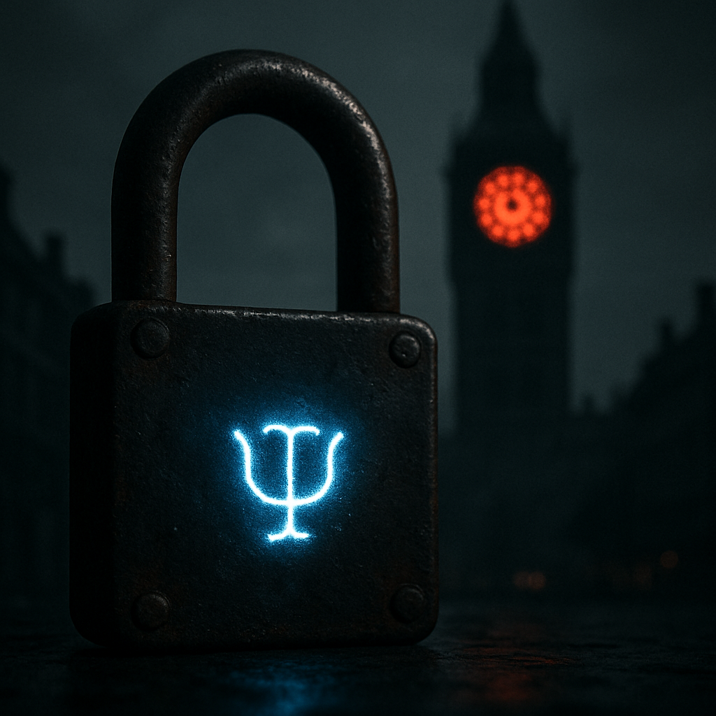 Rusted padlock with glowing quantum symbol, set against a blurred European cityscape.