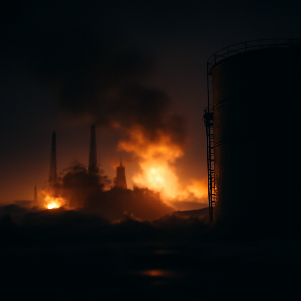 Darkened industrial area with damaged facility and fires, blurred responders present.