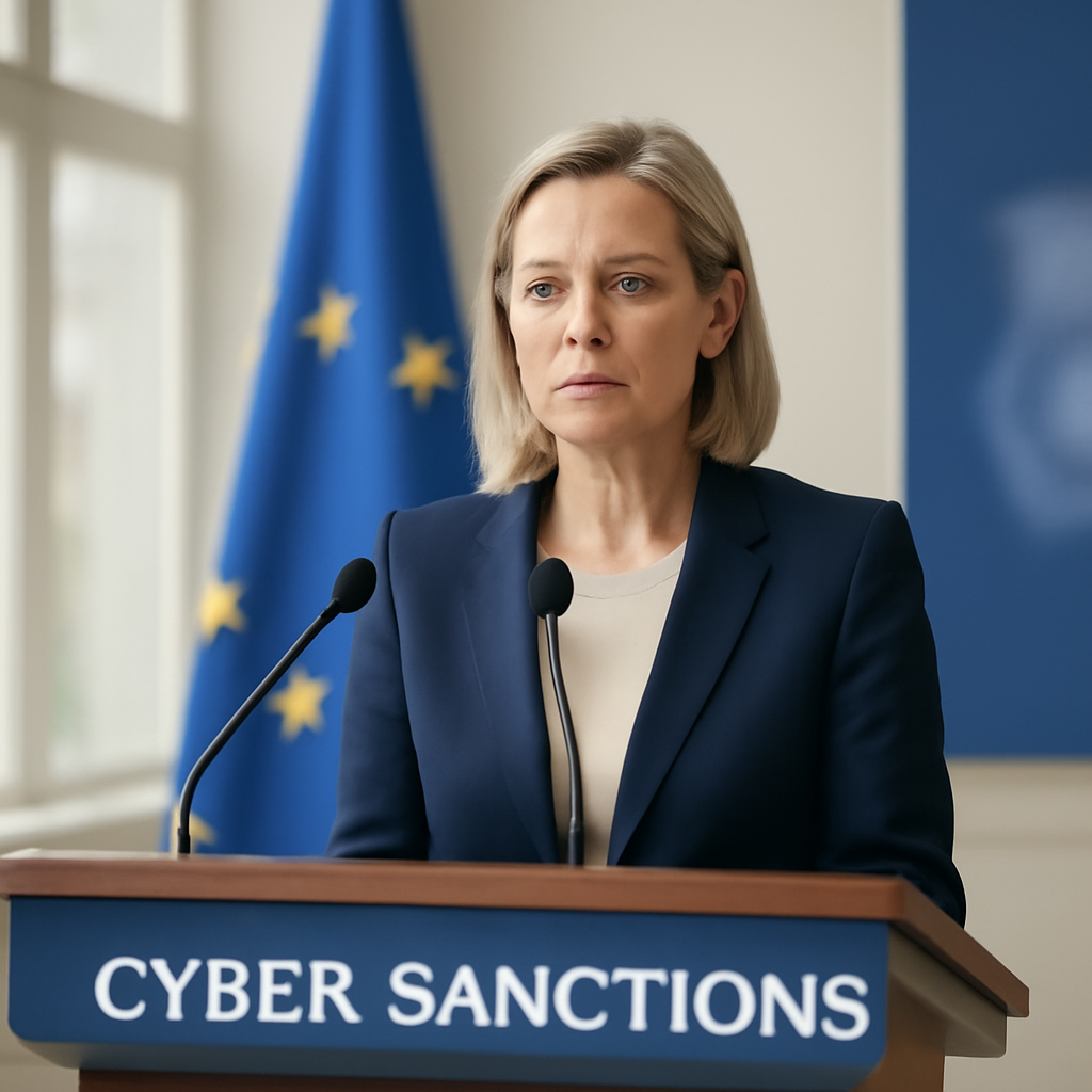 European officials gather at a podium in a government building to announce cyber sanctions against Russia.