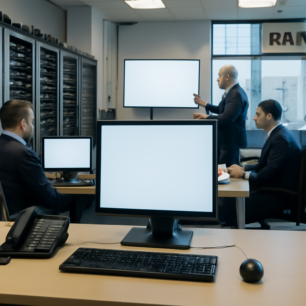 Security operations center with computer workstation and servers in the background.